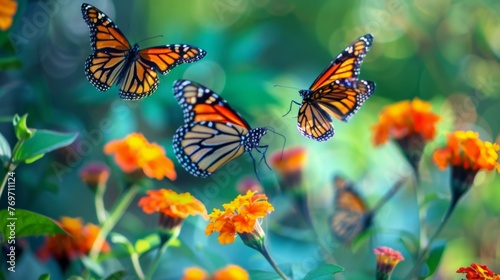 Group of Butterflies Flying Over Flowers