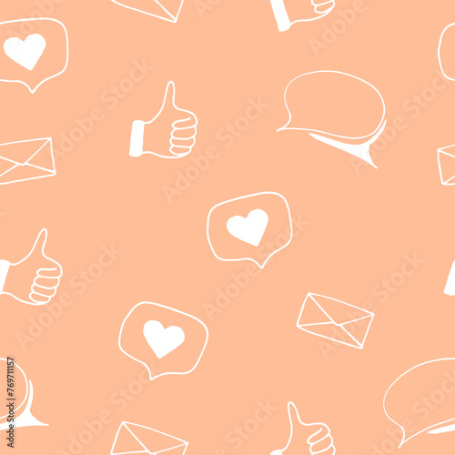 social media seamless pattern. hand drawn doodle style. vector, minimalism, monochrome, sketch.