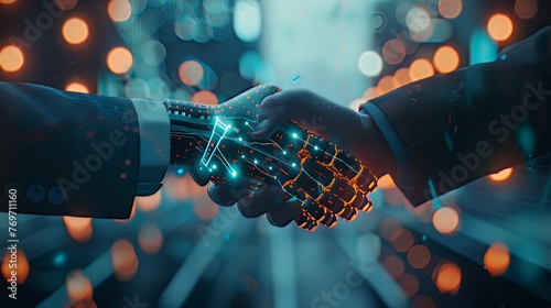 Amidst a futuristic backdrop, a businessperson engages in a handshake with a digital partner, embodying the essence of artificial intelligence and machine learning processes driving the 4th industrial