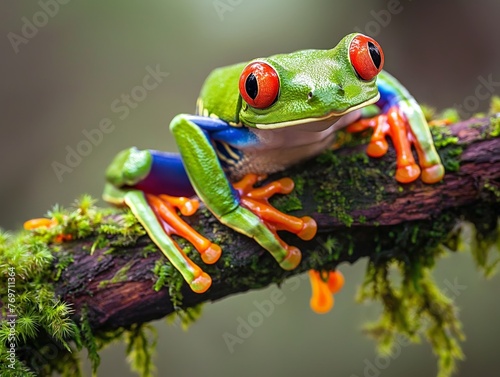 A colorful tree frog perched on a mossy branch, exhibiting its vivid hues and textures.