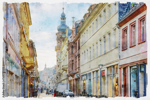 The picturesque city of Heidelberg, Baden-Württemberg, Germany. Street scene in the central part of town. Watercolor painting.