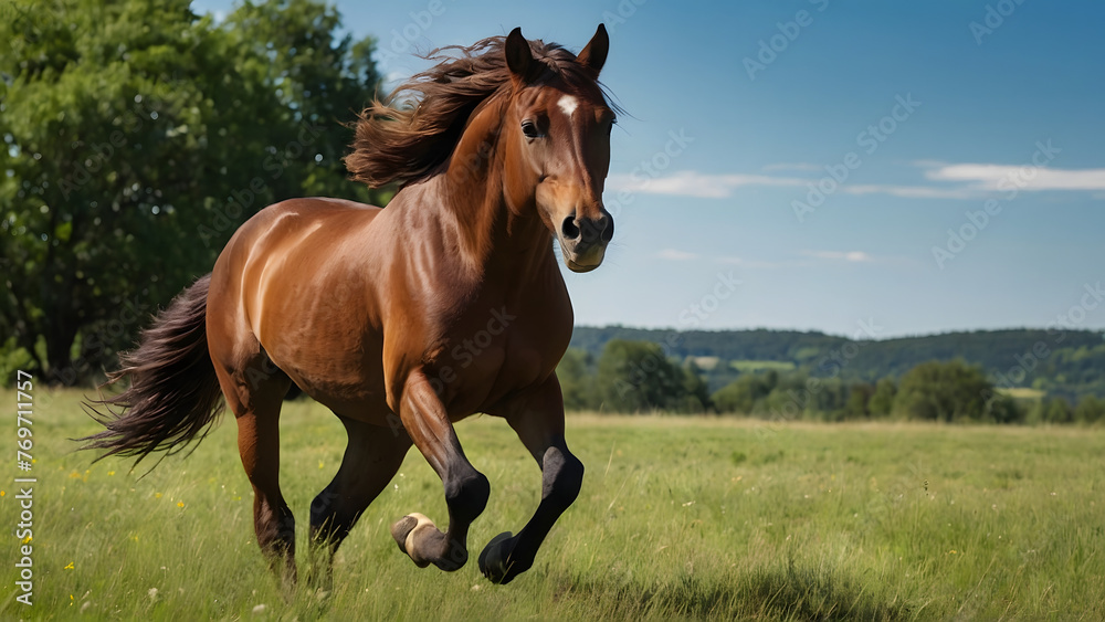 Majestic Brown Stallion Gallops Freely Across Lush Meadow (Panoramic Photo) Majestic Brown Stallion Gallops Freely Across Lush Meadow (Panoramic Photo)