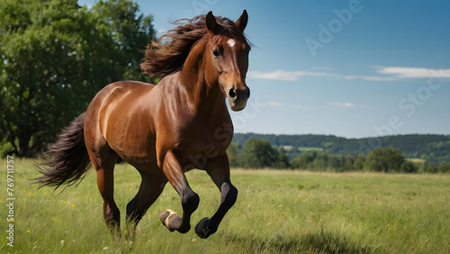 Majestic Brown Stallion Gallops Freely Across Lush Meadow (Panoramic Photo)