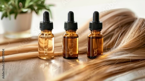 Essential Oils Resting on a Strand of Blonde Hair, Symbolizing the Essence of Hair Care and Beauty