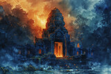 Lost temple in rainforest, watercolor, mystical aura