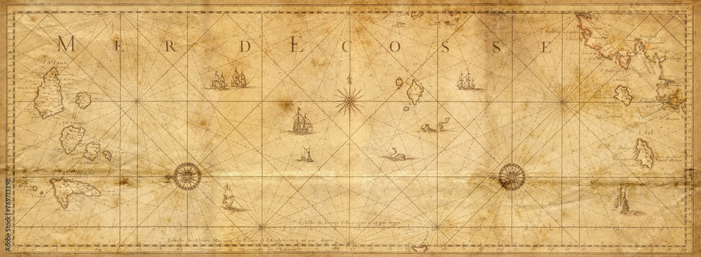 Old map collage background. A concept on the topic of sea voyages, discoveries, pirates, sailors, geography, travel and history. Pirate, travel and nautical background. - obrazy, fototapety, plakaty 