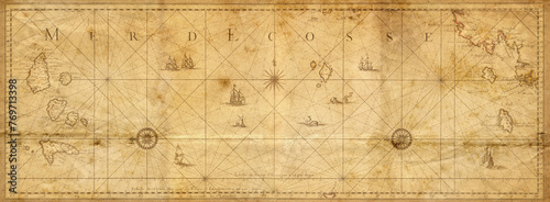 Old map collage background. A concept on the topic of sea voyages, discoveries, pirates, sailors, geography, travel and history. Pirate, travel and nautical background. © Tryfonov