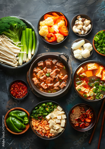 Assorted ingredients for Chinese hotpot including broth, meat, and various vegetables in bowls. Top view food composition. Asian cuisine concept. Design for menu, recipe, poster