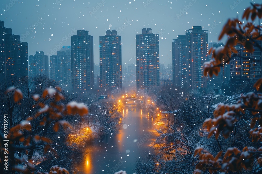 view of a snowfall falling in winters on the street road with buildings