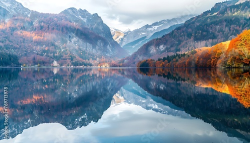 Serene mountain lake reflecting fall foliage and snow-capped peaks in autumn photo