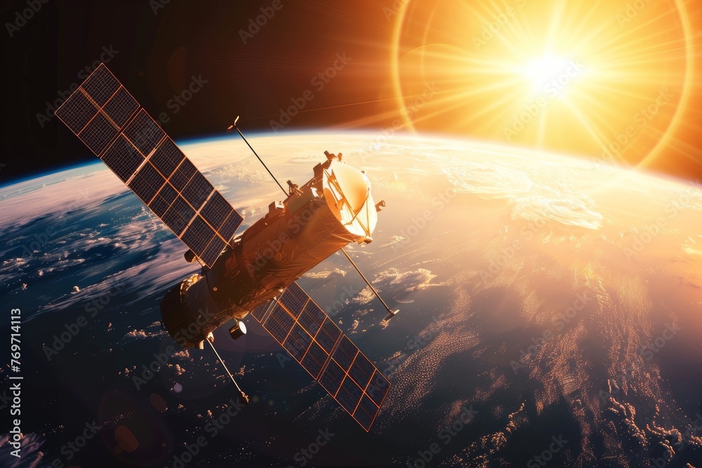 Space satellite with solar panels orbiting earth, sunlit view from behind the sun Space satellite with solar panels orbiting earth, sunlit view from behind the sun