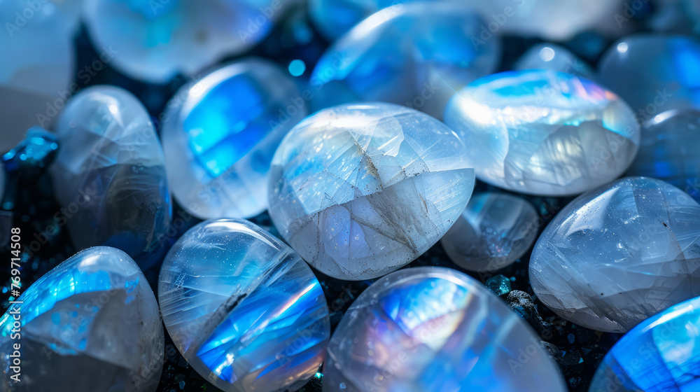 The captivating sheen of moonstones with hints of blue amidst a dark background enhancing their mystical appeal - obrazy, fototapety, plakaty 