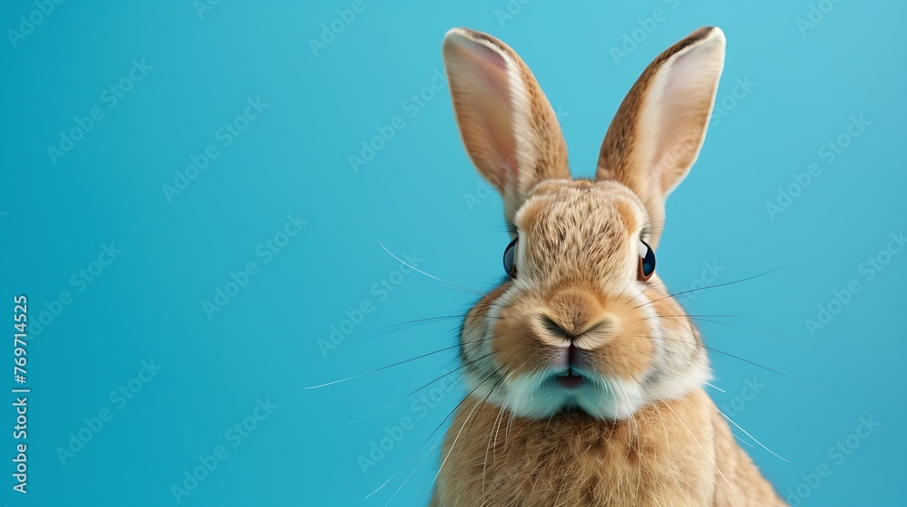 a picture of an earthy colored Bunny with a shocked articulation investigating the camera secluded a blue background