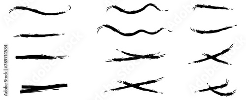 Brush strokes, black ink lines, vector abstract set with paint brush grunge texture on transparent background. Paintbrush strokes and ink smear stains. doodle underlines. vector illustration
