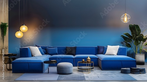 Tranquil Blue Ombre Wall Adorns a Modern Living Room with Radiant Gold Accents photo