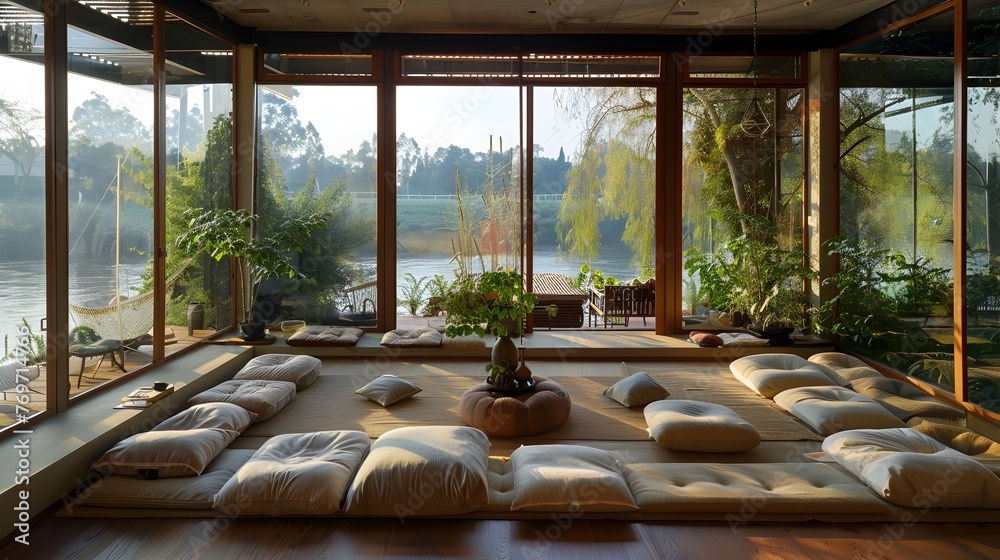 Fototapeta premium Tranquil Minimalist Lounge Overlooking a River Bend Basked in Dappled Sunlight