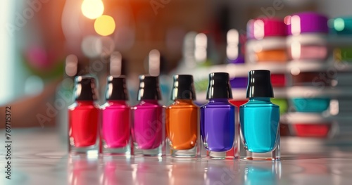 A Colorful Array of Bright Nail Polishes Elegantly Displayed on a Salon Table