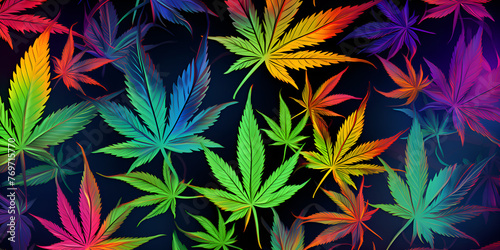 A vibrant overlapping cannabis leaves, rich gradient, spectrum of colors, psychedelic art, luminous, neon effect, weed leaves. Gen AI photo