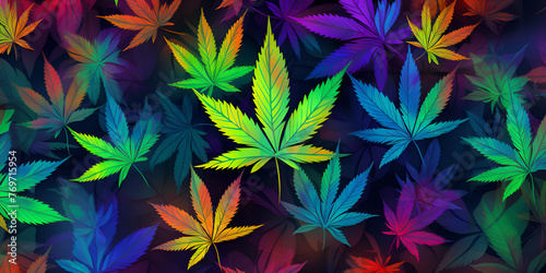 A vibrant overlapping cannabis leaves, rich gradient, spectrum of colors, psychedelic art, luminous, neon effect, weed leaves. Gen AI
