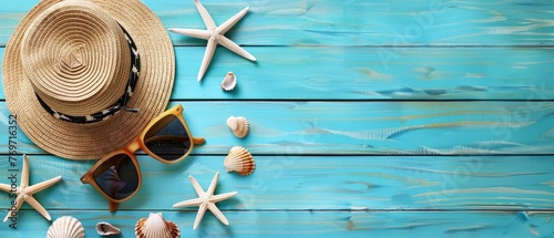 Blue wooden background with straw hat, sunglasses and seashells on the table. Summer vacation concept