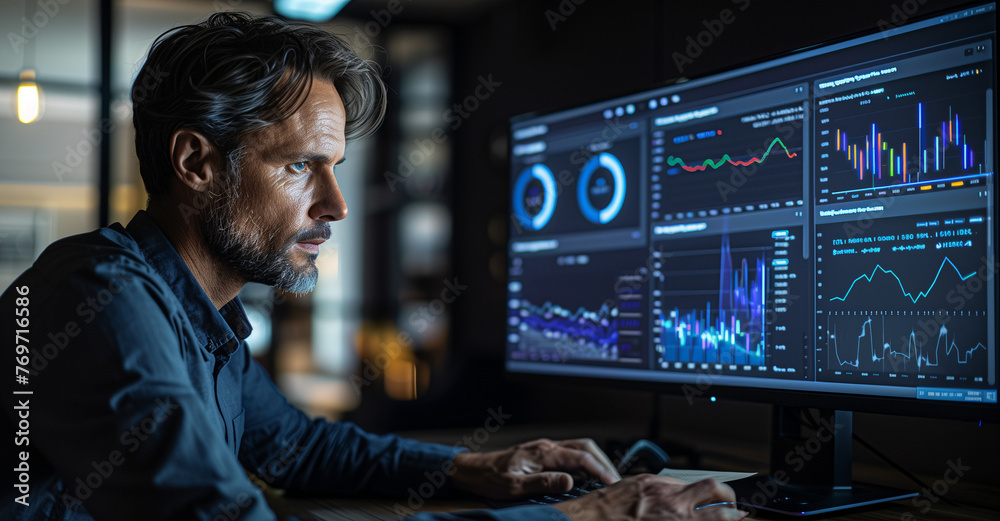 Portrait of Professional Male Developer Using Desktop Computer and Typing in Creative Office. Caucasian Man Analysing Data and Budget for the Lunch of a New Product in Big Gaming Company Generative AI Portrait of Professional Male Developer Using Desktop Computer and Typing in Creative Office. Caucasian Man Analysing Data and Budget for the Lunch of a New Product in Big Gaming Company Generative AI