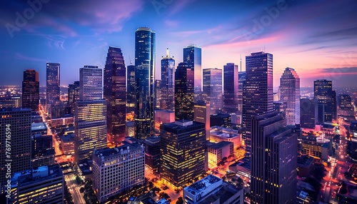 Houston, Texas, USA, Downtown Skyline at Dusk with Beautiful City Lights Reflection on Calm Water