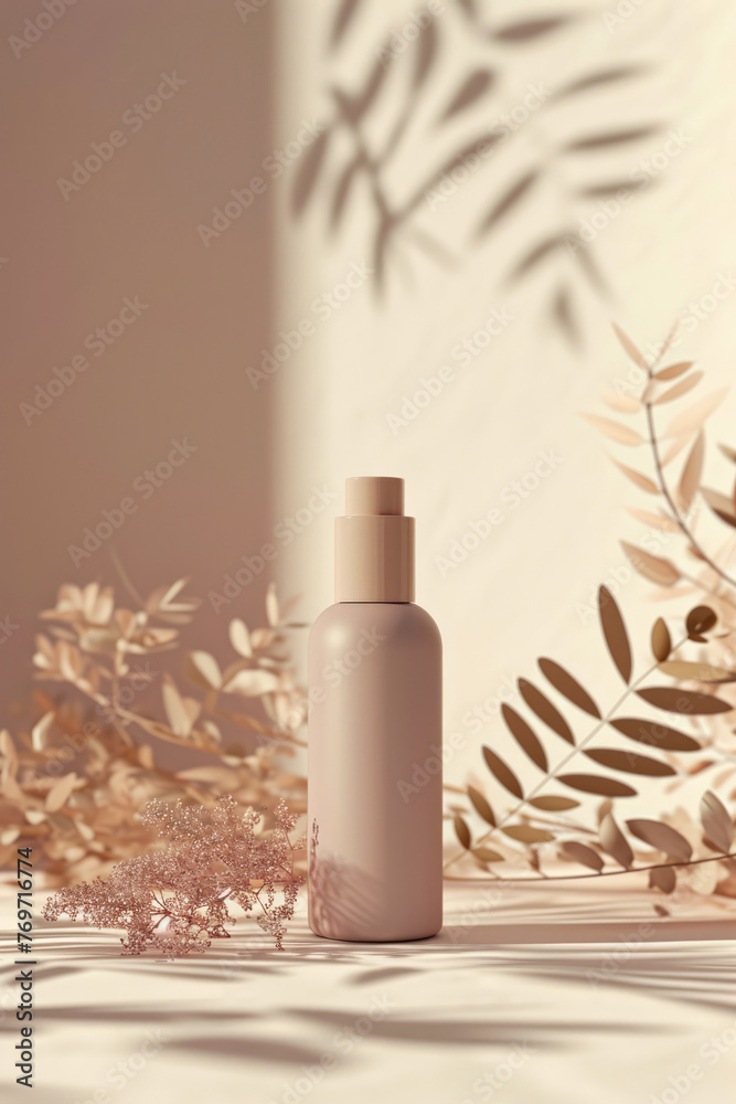 Beige vertical pastel cosmetic mockup. Banner with cream jar, container, serum bottle, dry flowers and leaf. Shadows effect. Skin Care beauty concept. Showcase for product presentation. Generative ai Beige vertical pastel cosmetic mockup. Banner with cream jar, container, serum bottle, dry flowers and leaf. Shadows effect. Skin Care beauty concept. Showcase for product presentation. Generative ai