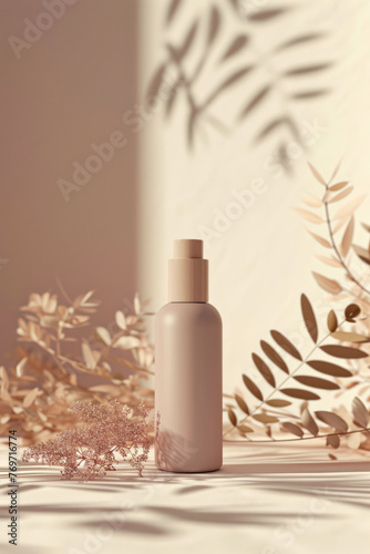 Beige vertical pastel cosmetic mockup. Banner with cream jar, container, serum bottle, dry flowers and leaf. Shadows effect. Skin Care beauty concept. Showcase for product presentation. Generative ai