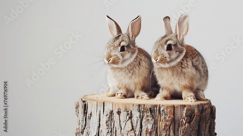 Adorable bunnies sit on the wood cut out straightforward disengaged on white background
