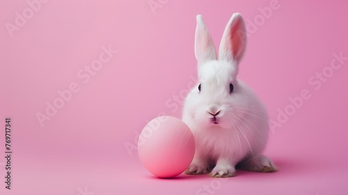 Adorable Easter rabbit bring forth from pink Hidden treat detached on pastel pink background © Emma