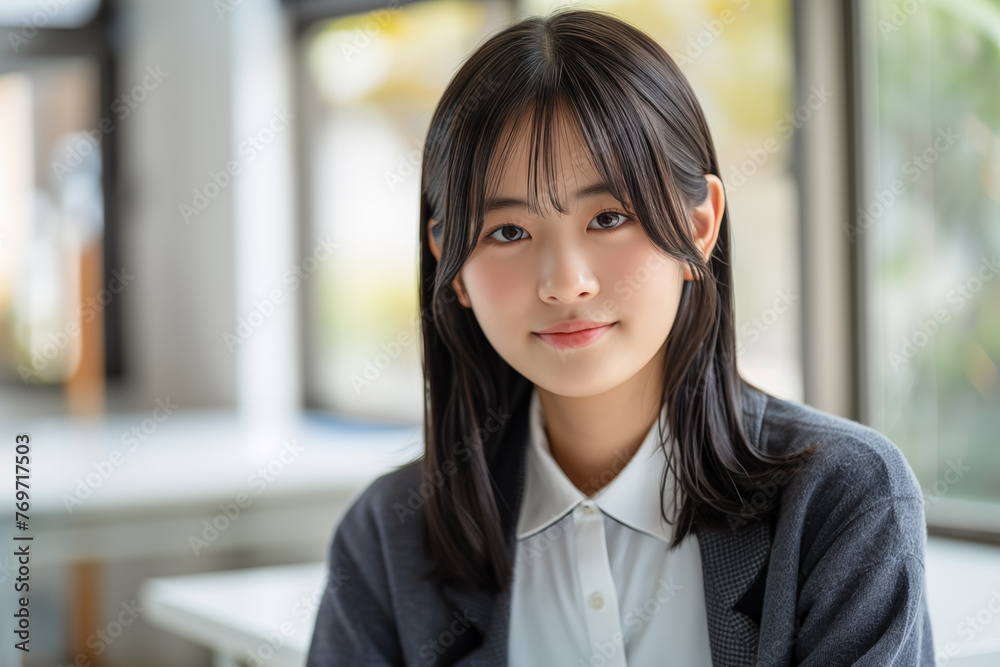 Young asian woman with a gentle smile sitting indoors. Young asian woman with a gentle smile sitting indoors.