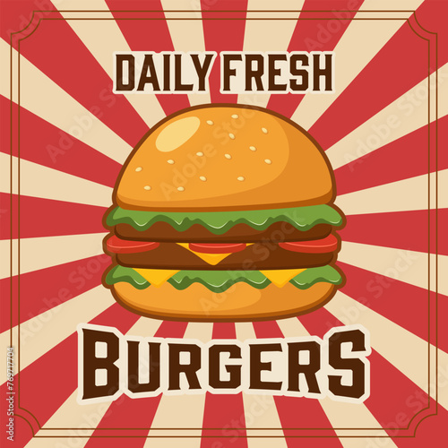 Retro poster design with burger. Fast food. Vector illustration