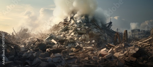 A hazardous event occurred as smoke billowed from the building, creating pollution in the sky. The landscape was filled with a pile of rubble, depicting a meteorological phenomenon of heat photo