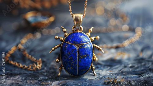This captivating Egyptian scarab necklace features a deep blue lapis stone with intricate gold details against a blurred backdrop