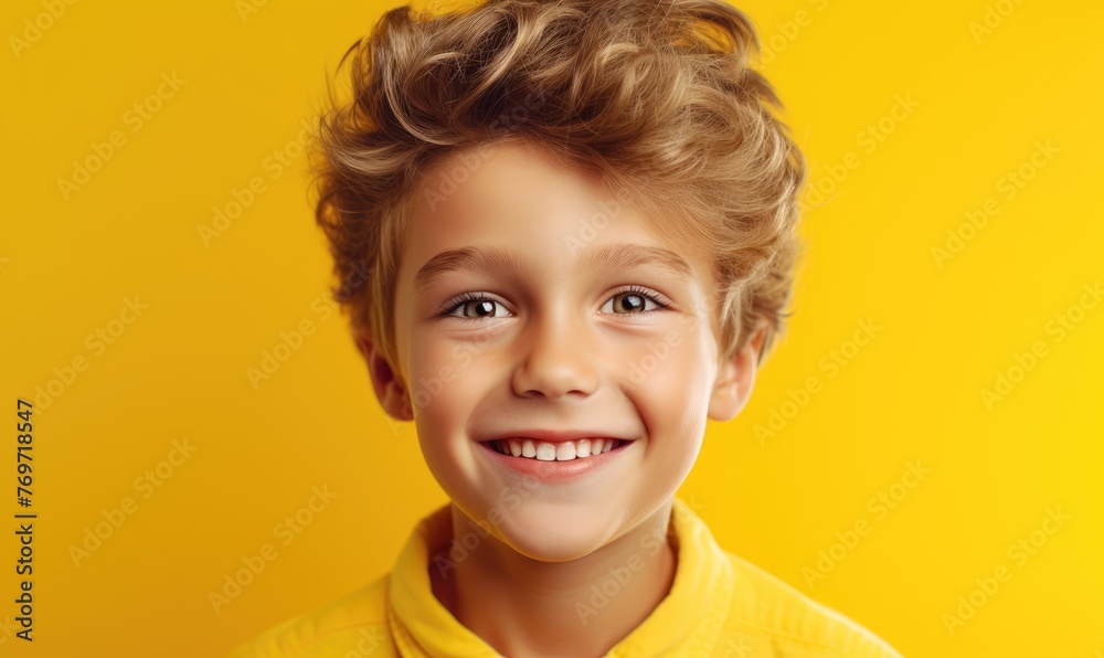 A happy child boy on a yellow studio background A happy child boy on a yellow studio background