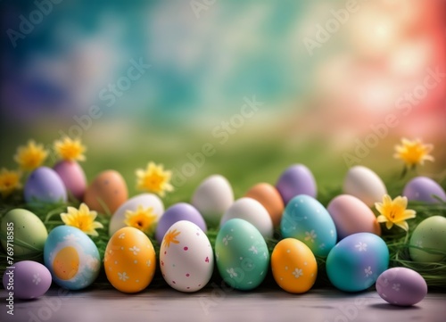 Easter Eggs and decoration on blury Spring Sky Background: Vibrant Illustration for Easter Celebrations