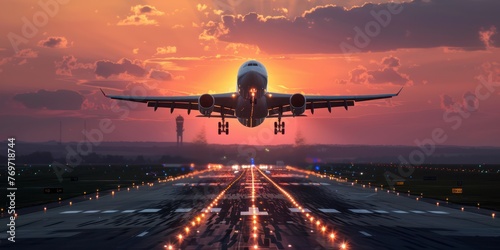 A passenger airplane taking off from a runway at sunset. 