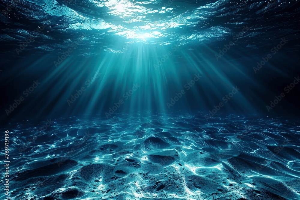 tranquil embrace of the underwater world, where the dark blue ocean surface is bathed in the soft glow of clear ocean light filtering down from above, casting a spellbinding aura of tranquility