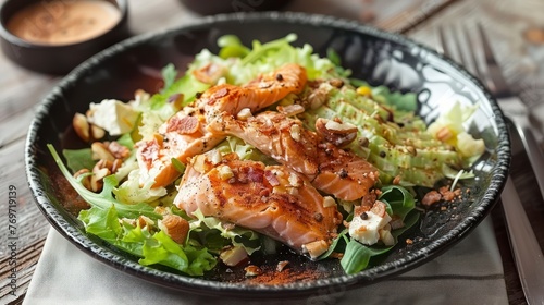 A Scrumptious Skrembl Sprinkled with Bacon, Paired with a Salad of Fresh Cucumber, Salted Salmon, and Aromatic Walnut