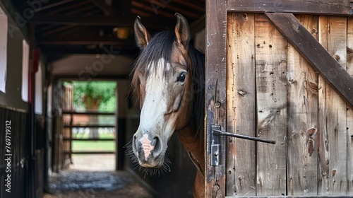 Close-Up of a Thoroughbred Horse's Head Overlooking the Barrier