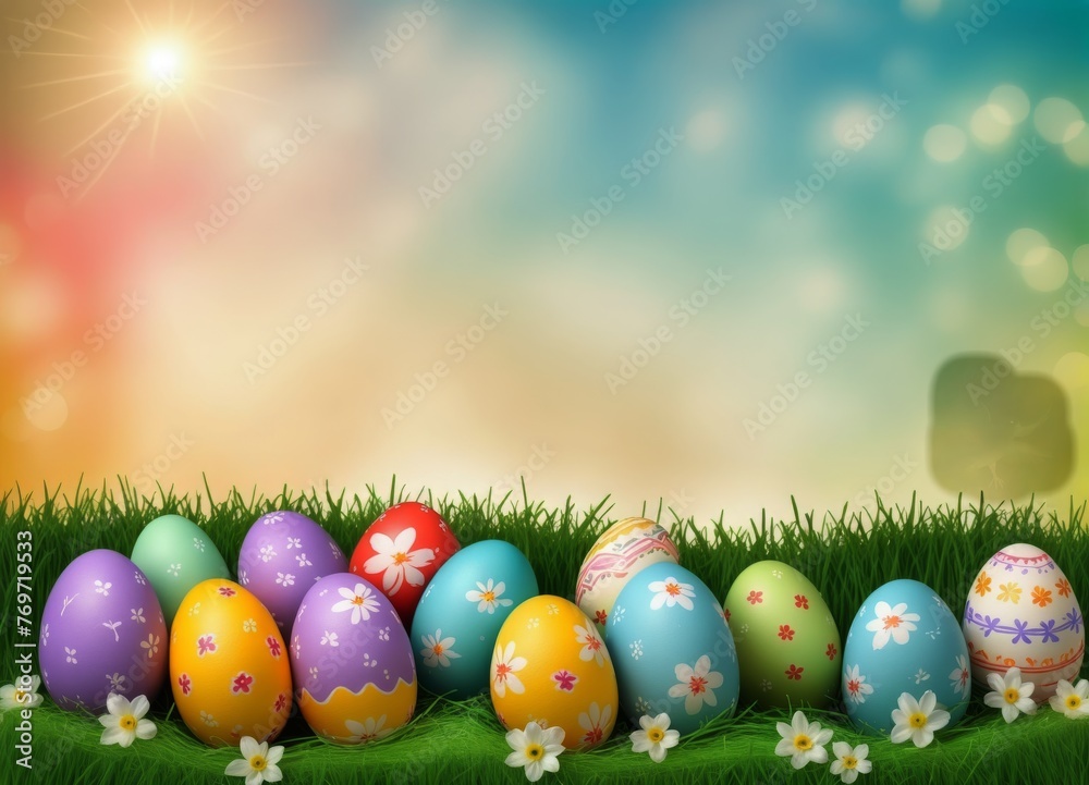 Easter Eggs and decoration on blury Spring Sky Background: Vibrant Illustration for Easter Celebrations Easter Eggs and decoration on blury Spring Sky Background: Vibrant Illustration for Easter Celebrations