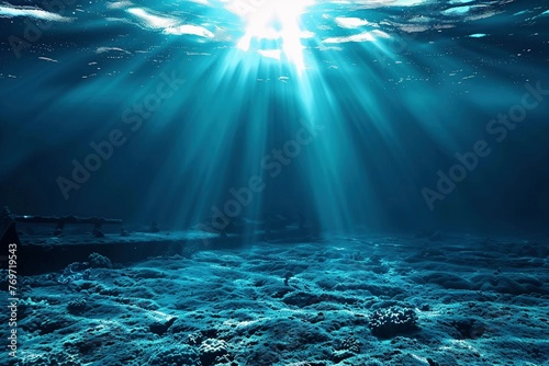 serenity of the ocean depths, with the dark blue surface glistening under the radiant illumination of clear ocean light pouring down from the surface, evoking a sense of wonder and awe