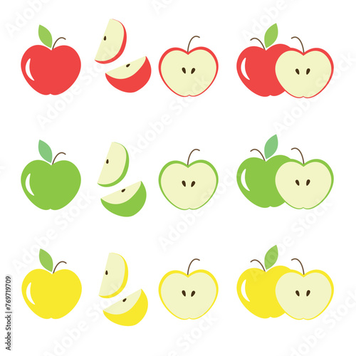 Different colors and parts of apples vector set. Fruit design elements. Whole apples, slices, leaves and apple seeds vector design elements isolated on white. Red, green and yellow apples set.