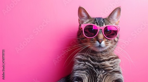 amusing feline with shades pink background