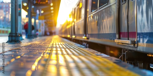 A close-up of a commuter train arriving at a platform. 