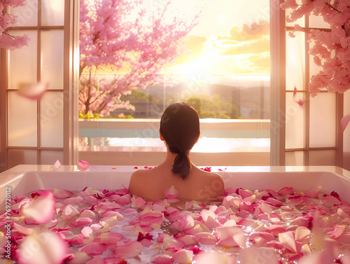 A woman enjoys a spa pool with rose petals and a sunset view with cherry blossoms