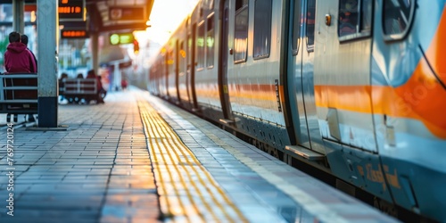 A close-up of a commuter train arriving at a platform.  photo