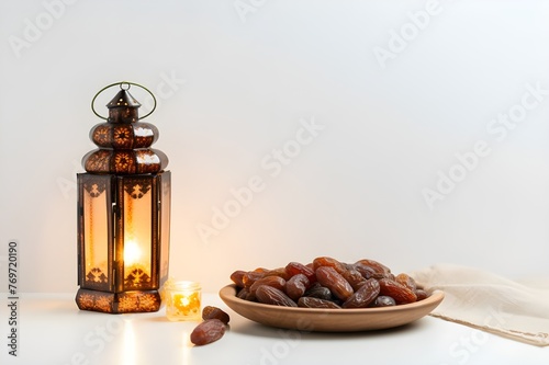 Glowing Lantern Moon and Dates in Bowl in Ramadan






