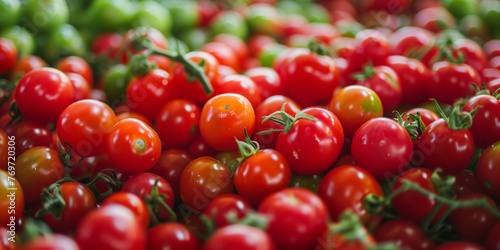 Red cherry tomatoes on display at a sunny farmer's market. Fresh produce and healthy lifestyle concept. Design food blog visuals, and healthy diet promotions. Banner with copy space.