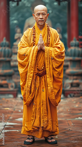 A monk standing gracefully in a famous temple, he exudes a kind aura. He is embellished with an orange Hanfu, exuding a kind aura.